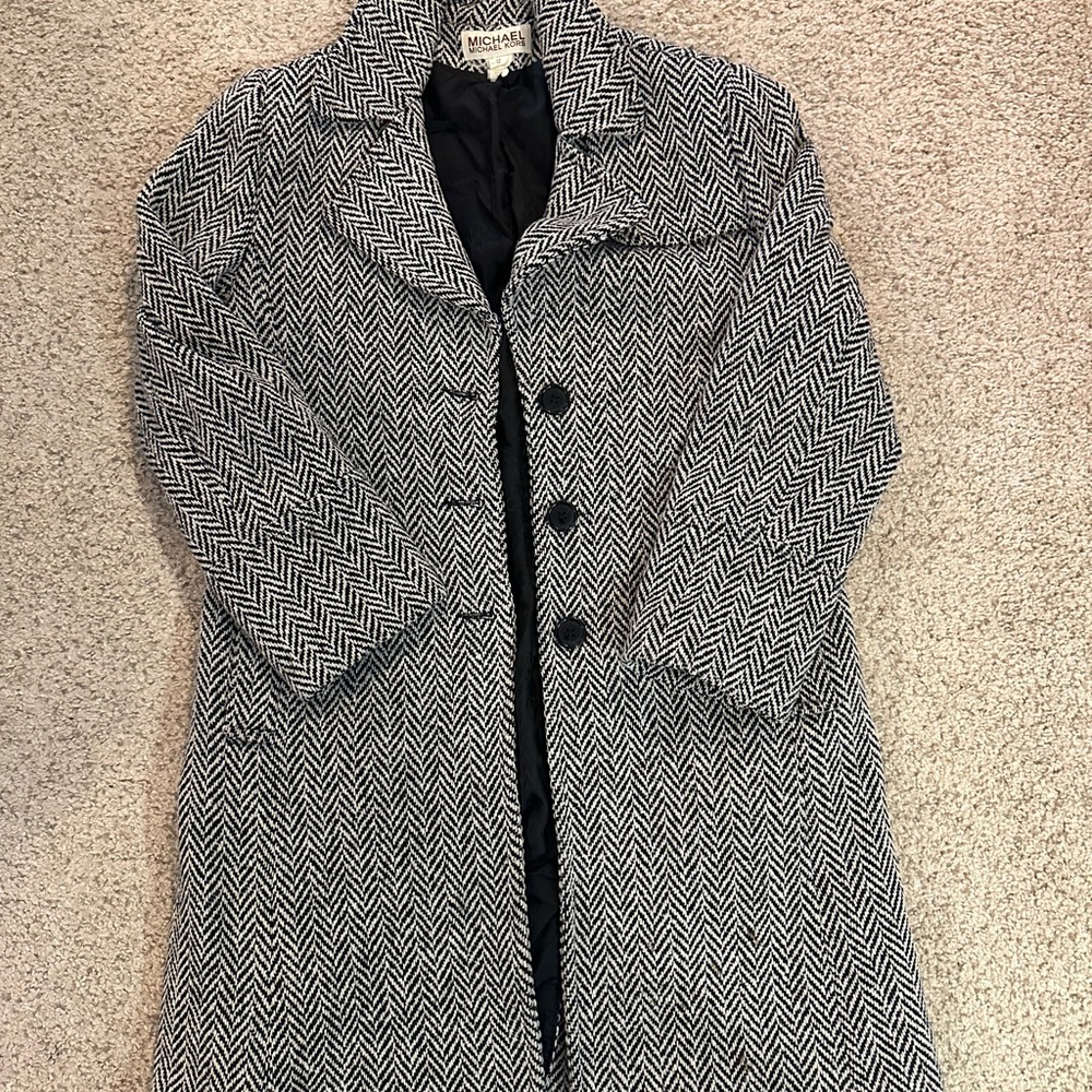 Michael Kors Black and White Herringbone Trench Coat